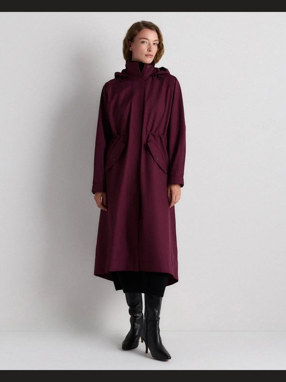 Quince Women's Long Hooded Trench Coat in Plum
